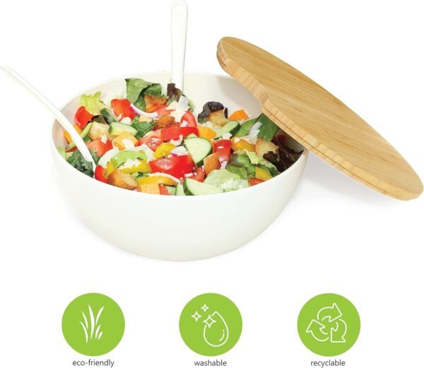 11.5" Extra Large Salad and Serving Bowl with Wooden Lid and Servers - Bamboo Fiber Wood Mixing Bowl Set with Utensils for Fruits, Vegetable Salads, Pasta, Home Decoration & Parties - Natural White - Image 6
