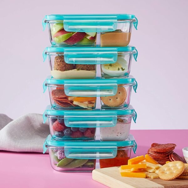 Pyrex Mealbox 10-Pc Bento Box Set, 2.3-Cup Divided Glass Food Storage Containers Set, Non-Toxic, BPA-Free Latching Lids, Freezer, Microwave and Top-Rack Dishwasher Safe, Compartment Bento Lunch Box - Image 3