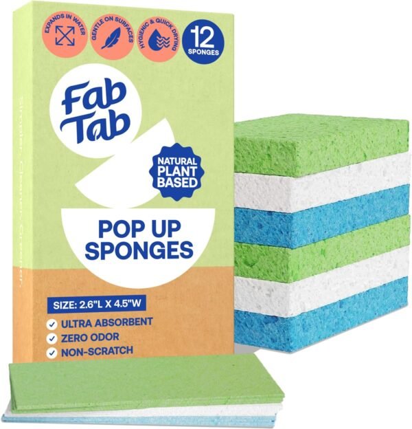 Plant-Based Pop-Up Sponges - Pack of 12 Cellulose Sponges Compressed Sponges - Highly Absorbant, for Cleaning Countertop, Kitchens, Bathrooms, Quick Drying - Assorted Colors - Non Scratch