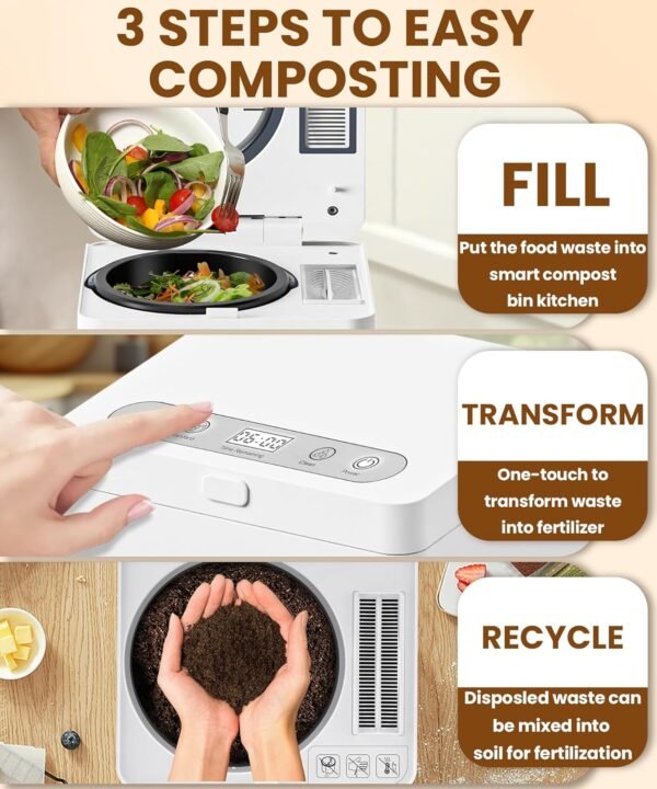 Electric Composter for Kitchen, 3L Compost Bin, Odorless/Auto-Cleaning/LED Display, Countertop Smart Compost Bin, Turns Waste into Dry Fertilizer - Image 5
