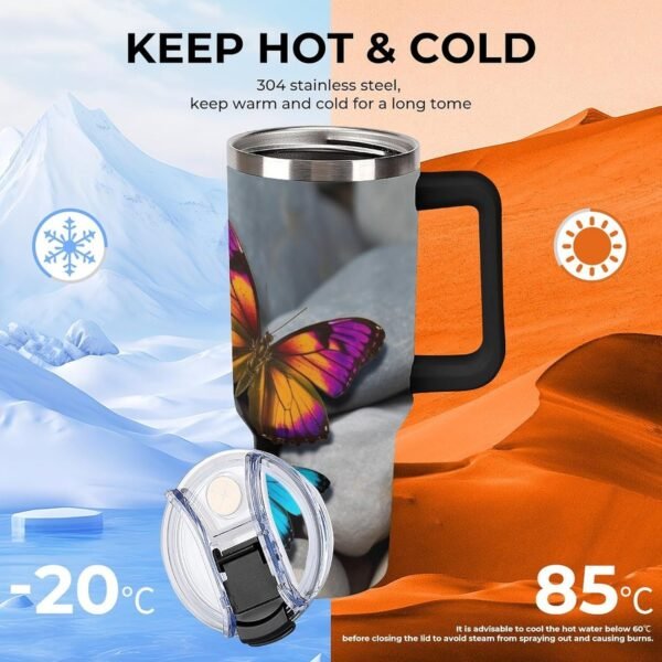 Colorful Butterfly Stone Insulated Tumbler 40 Oz Stainless Steel Double Wall Vacuum Travel Mug Large Capacity Car Cup Reusable Coffee Cup with Handle And Straw Lid Gifts Black - Image 5