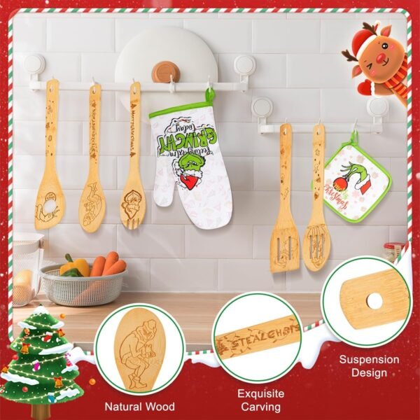 8-Piece Bamboo Christmas Kitchen Utensil Set - Green Monster Design Cooking Spoons, Apron, Oven Mitt & Pot Holder - Christmas Gift for Women, Wife, Mom, and Grandma - Image 3