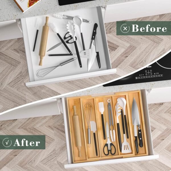 Bamboo Utensil Organizer Cutlery Organizer - Expandable 5 Slots Multipurpose Kitchen Drawer Organizer for Large Cooking Utensils, Baking Tools, Knife Set W13.7"-19.9" x L17.6" X H2.5"(Yellow) - Image 4