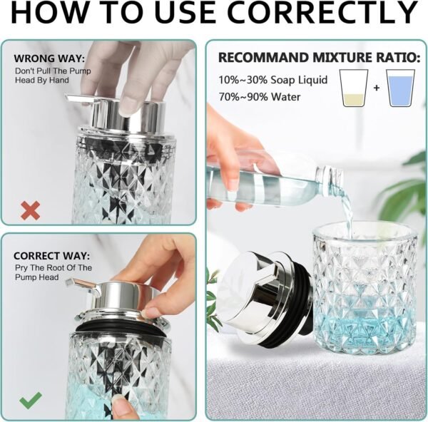 Foaming Soap Dispenser, Clear Glass Foam Hand Soap Dispenser for Bathroom, Refillable 10 Oz Foamy Pump Bottle with Plastic Sliver Pump, Modern Diamond Dish Soap Foam Dispenser Container - Image 7