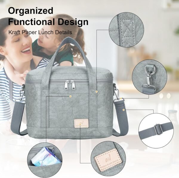 NOL Natural Organic Lifestyle Insulated Lunch Bags for Women Grey - Large Leakproof Insulated Cooler Bag Lightweight Waterproof Reusable Vegan Lunch Bag for Work, Camping, Travel, Outdoors - Image 3