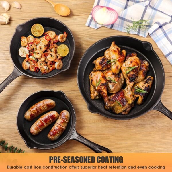Cast Iron Skillets 3 Piece，Pre-Seasoned Cast Iron Frying Pan，Cast Iron Fry Pan Skillet Set Includes 6.5in，8in，10in Pans，Ideal for Use on any Type of Cooktop，Oven Safe - Image 3