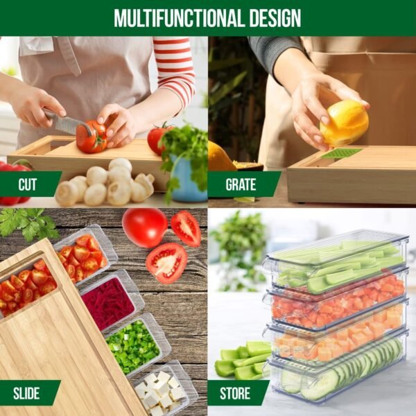 YANs Bamboo Cutting Board with Containers for Easy Meal Prep - Chopping Board Set -Extra Large Space Saving Cutting Board Set with Juice Groove to Keep Your Kitchen Tidy - Image 3