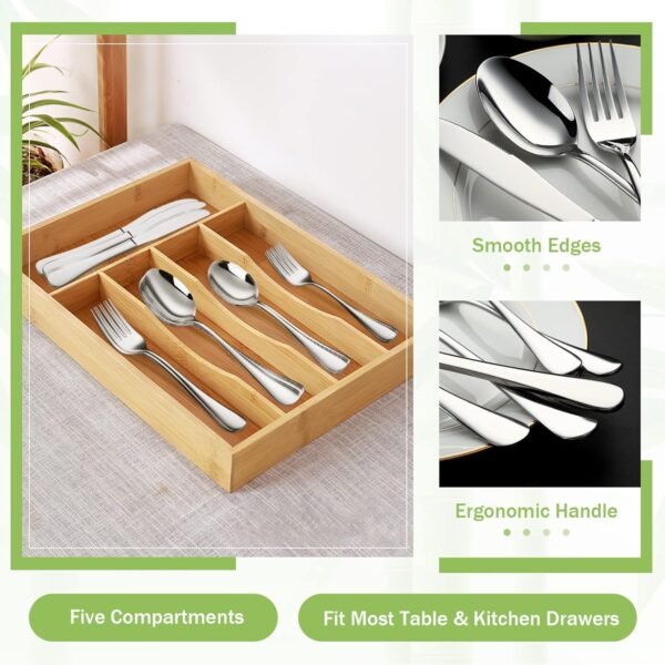 20 Pcs Silverware Set with Organizer, 18/8 Stainless Steel Cutlery Set with Utensils Bamboo Tray for Kitchen Drawer, Serving Flatware for 4 with Storage Holder - Image 5