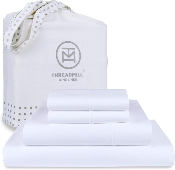 Threadmill 100% Cotton Sheets for King Size Bed - 600 Thread Count King Bed Sheets Set with 16” Deep Pocket - Sateen Weave 4-Piece Bedding Set with Cooling Effect, White