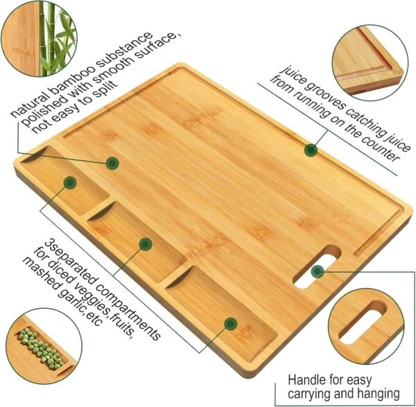 Cutting Boards,Large Bamboo Chopping Board, Built-In 3 Compartments And Juice Grooves, Charcuterie Board for Kitchen Counter Meat (Butcher Block) Cheese, Vegetables,Bread (17 x 12.6") - Image 2