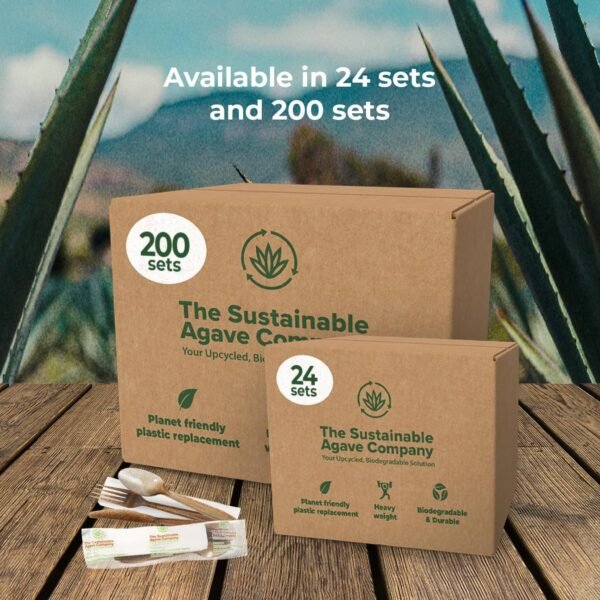 Sustainable Agave Co - Agave Fiber Cutlery Set - 24 Biofilm Wrapped Sets / 72 pcs - Biodegradable, Plant-Based, Made With Upcycled Materials - Bulk Brown Forks, Knives Spoons & Napkin Variety Pack - Image 6