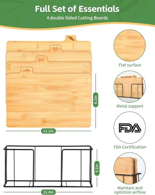 Bamboo Cutting Board Set, Lexda 4 Sets Labeled Tabs Cutting Board with Stainless Holder, Durable Kitchen Cutting Boards For Chopping Fruit, Meat, Cheese, Veggies - 11" x 8" - Image 3