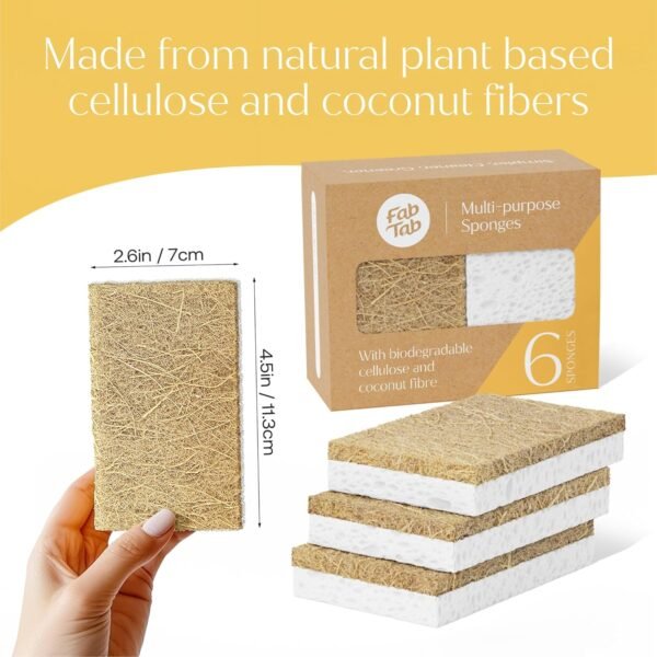 Coconut Fiber Kitchen Sponges - Pack of 6 Cellulose and Coconut Scrubber Sponges - Dish Cleaning Sponges | Plastic-Free | Planet-Friendly| Odor Free - Image 2