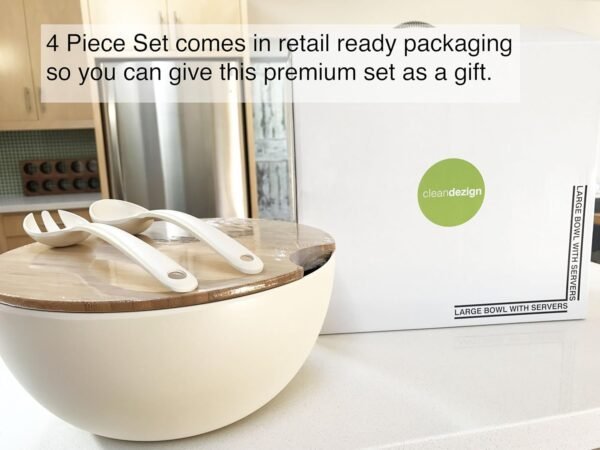 11.5" Extra Large Salad and Serving Bowl with Wooden Lid and Servers - Bamboo Fiber Wood Mixing Bowl Set with Utensils for Fruits, Vegetable Salads, Pasta, Home Decoration & Parties - Natural White - Image 8