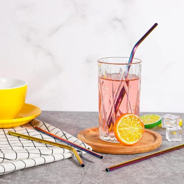 10 PCS Reusable Straws Metal Rainbow Color Metal Drinking Straws Straight & Curved Metallic Reusable Stainless Steel Straws Combinations for Tumblers with 2 PCS Cleaning Brushes for Cocktails Iced Tea - Image 4