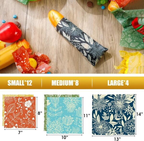 Moukeren 24 Pcs Beeswax Wraps for Food Reusable Beeswax Wrap Beeswax Food Wraps Beeswax Wrap Cloth with Flowers Leaves Patterns for Kitchen Cooking Sandwich Food Storage, 12S, 8M, 4L - Image 2