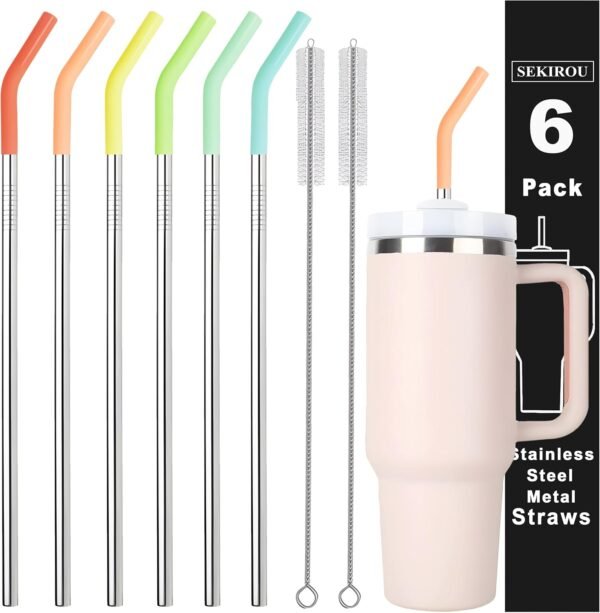 6 PCS Metal Straws Reusable with Silicone Tip and Cleaning Brush, Stainless Steel Straws Replacement for 40 oz Stanley Tumbler and 24 oz Cup (8mm Sliver)