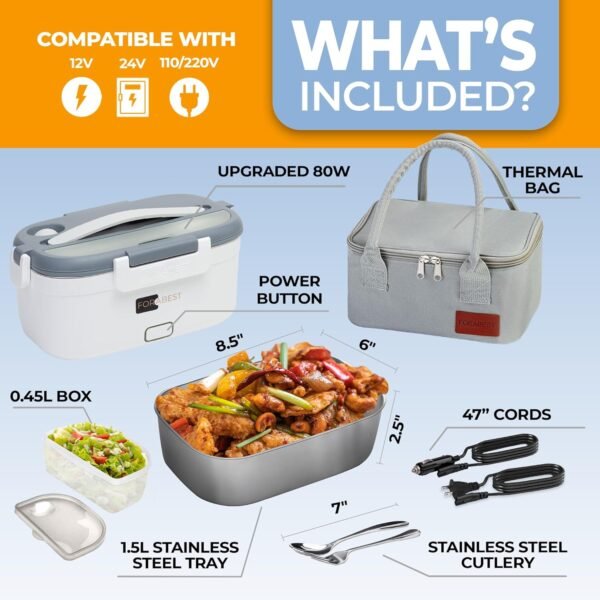 FORABEST Upgraded Electric Lunch Box for Adults, Durable Leakproof Design with Power Button & Large Utensils, 80W Fast Heated Lunch Box, 12/24/110/220V Portable Food Warmer with Premium Carry Bag - Image 3