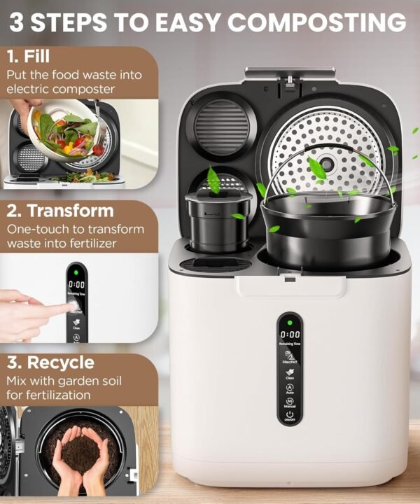 4L Kitchen Compost Bin, Electric Composter for Countertop with Auto Cleaning/Odourless/LED Display, Turns Kitchen Waste into Dry Compost Manure, Intelligent Indoor/Outdoor Composting Machine - Image 5
