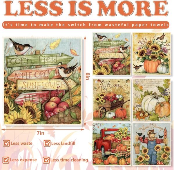Fall Swedish Kitchen Dishcloth Sunflower Pumpkin Truck Cotton Towel Farm House Absorbent Dish Towel for Autumn Thanksgiving Housewarming Cleaning Wipes, 6Pcs, 7 x 8 Inch - Image 2
