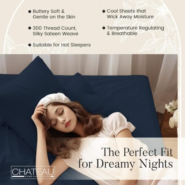 Organic Cotton Sheets Queen Size Set, 100% Organic Cotton Queen Sized Sheets, 300 TC Sateen Weave Bedsheets Queen Size Bed, 16" Deep Pocket, Soft Breathable Sheet & Pillowcase Sets - Navy - Image 4