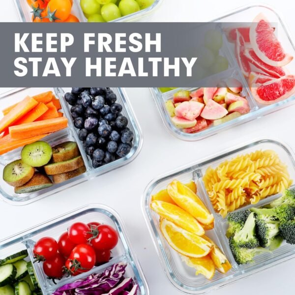 VERONES 5 Pack Glass Meal Prep Containers 3 Compartment Set, 36OZ Airtight Glass Lunch Containers, Glass Food Storage Containers with Lids, for Microwave, Oven, Freezer & Dishwasher Friendly,Grey - Image 7