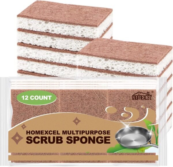 HOMEXCEL Natural Scrub Sponges Kitchen 12 Pack, Non-Scratch Cleaning Sponges for Dishes, Cellulose Sponges Safe on Non-Stick Cookware, Dual Sided Dish Sponge for Washing Dishes, Kitchen and Household