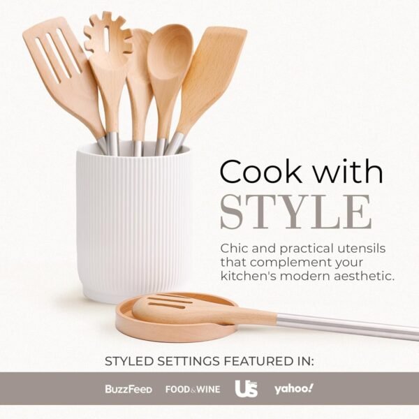 STYLED SETTINGS Wood Cooking Utensils Set with Stainless Steel Handles – 6-PC Durable Wooden Utensils for Cooking, Serving, & Mixing – Kitchen Utensils Set for Nonstick Cookware, Great for Gifting - Image 3