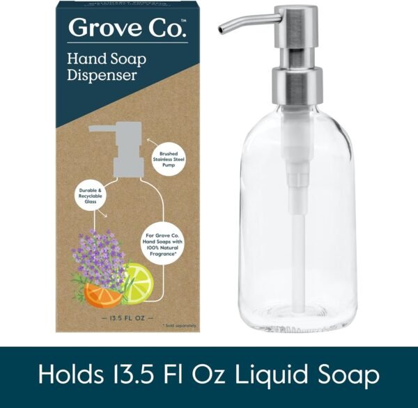 Grove Co. Gel Hand Soap Dispenser (13.5 Oz) 2 x Refillable Glass Bottles with Stainless Steel Pump, Reusable Liquid Soap Refill Set, Square Base, Reduce Plastic Waste Bundle - Image 2