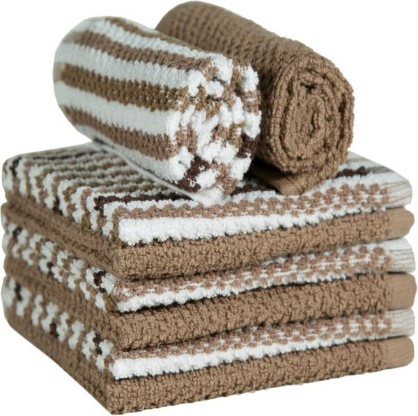 Bumble Premium Dish Cloths Towel 12"x12" | 100% Natural Ring Spun Cotton Tea Towel Set | 430 GSM | Highly Absorbent & Soft Dish Towels | 8 Pack - 4 Popcorn Wide Striped & 4 Solid Kitchen Towels - Tan - Image 4