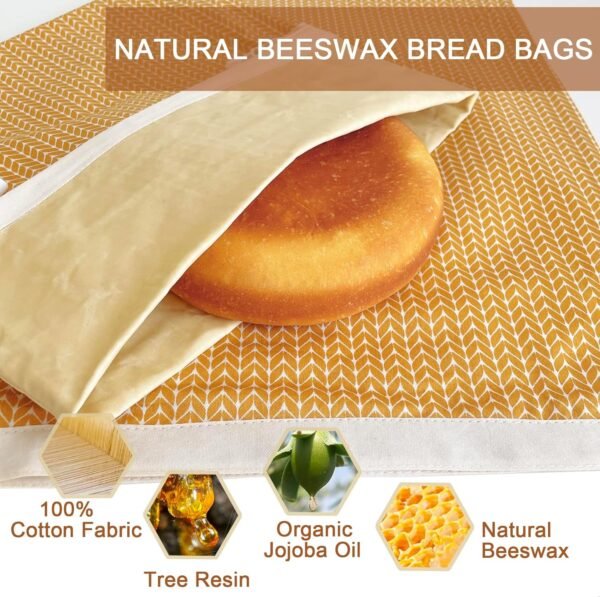 Reusable Beeswax Bread Bag - Cotton Beeswax Bread Bags With Cotton Bowl Cover Set for Homemade Bread,Freezer Storage Bag to Keep Fresh,Sourdough Bread Food Bag Baking Set - Image 2