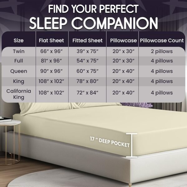 SLEEP SANCTUARY 100% Organic Viscose Derived from Bamboo Sheets Queen Size 6pcs - Ultra Soft & Cooling, 17" Deep Pocket, Double Stitching, Perfect for Hot Sleepers - Queen Bed Sheets (Creme) - Image 5