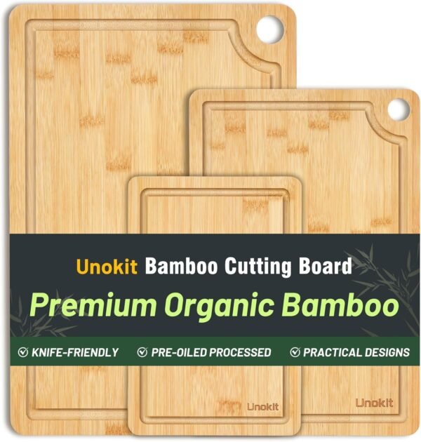 Bamboo Cutting Board, Unokit Wood Cutting Boards for Kitchen (Set of 3), Cutting Board with Juice Grooves & Built-in Handles, Ideal Charcuterie & Chopping for Meat, Vegetables and Fruits