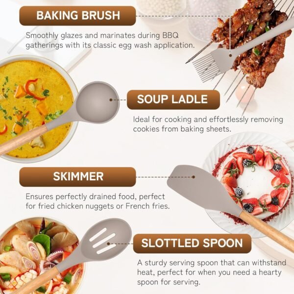 Silicone Kitchen Utensils Set 43 PCS for Cooking, Spatula Set with Wooden Handle, Cookware Nonstick Heat Resistant Kitchen Gadgets. Kitchen Tools with Holder (Khaki) - Image 6
