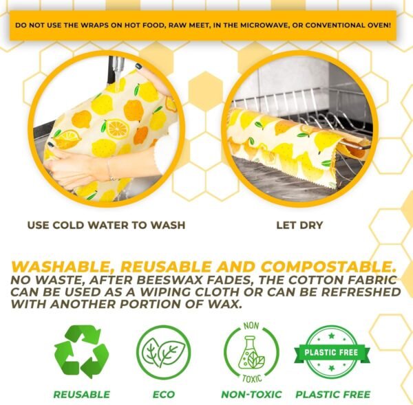 Reusable Beeswax Food Wraps Set – 9 Pcs Assorted Sustainable Beeswax Wrap, Washable Wax Wrapping, Bread Sandwich Storage Wax Covers (3 Each for Small, Medium, and Large) - Image 5