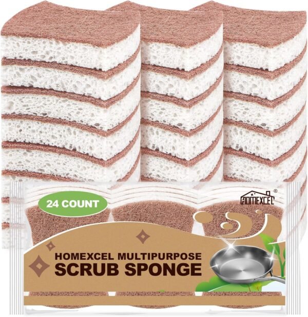 HOMEXCEL Natural Scrub Sponges Kitchen 24 Pack, Non-Scratch Cleaning Sponges for Dishes, Cellulose Sponges Safe on Non-Stick Cookware, Dual Sided Dish Sponge for Washing Dishes, Kitchen and Household