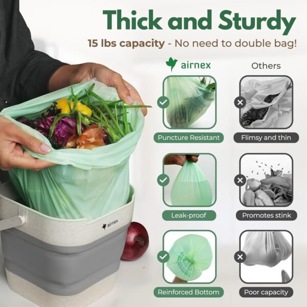 Compostable Trash Bags & Charcoal Filters for Compost Bucket Value Pack for Clean & Odorless Composting - 50 Pcs Compostable Trash Bags Small 1.6 Gal & 3 Pcs Compost Bin Filters Charcoal 3.5" - Image 6