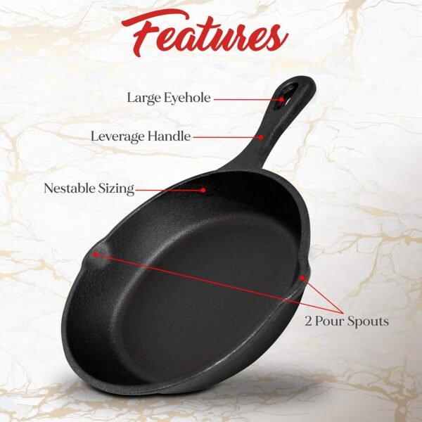 NutriChef Pre-Seasoned Cast Iron Skillet Pans - 3 Pieces Kitchen Frying Pan Nonstick Cookware Set w/Drip Spout - Includes Scraper - Electric Stovetop, Induction, Gas Range, Ceramic - NutriChef NCCI76 - Image 3