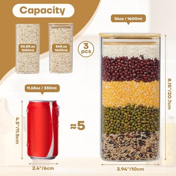 Glass Storage Containers with Wood Lids, 54 fl.oz Clear Food Storage Container Jar, Square Glass Canisters with Airtight Lids Set Of 3, for Pasta Flour Rice Beans Cereals Seasonings - Image 3