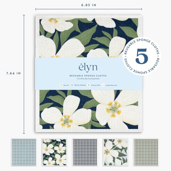 ELYN Swedish Dishcloths, Reusable & Washable Sponge Cloths, Absorbent Cleaning Paper Towels for Kitchen, Dishes, Counters and More, 5 Pack, Assorted Magnolia & Gingham Patterns - Image 2