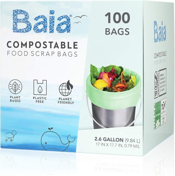 Baia Compostable Food Scrap Bags, ASTM D6400 BPI, 2.6-3 Gallon, Extra Thick 0.79 Mils, Small, Kitchen Waste Trash, Countertop Compost Bin Liners (100 Ct)