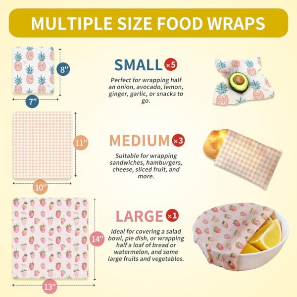 Beeswax Wraps for Food 9 Pack, Reusable Beeswax Wraps, Beeswax Wrap/Strawberry Lattice Pineapple - Image 2