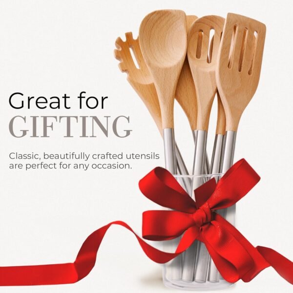 STYLED SETTINGS Wood Cooking Utensils Set with Stainless Steel Handles – 6-PC Durable Wooden Utensils for Cooking, Serving, & Mixing – Kitchen Utensils Set for Nonstick Cookware, Great for Gifting - Image 5