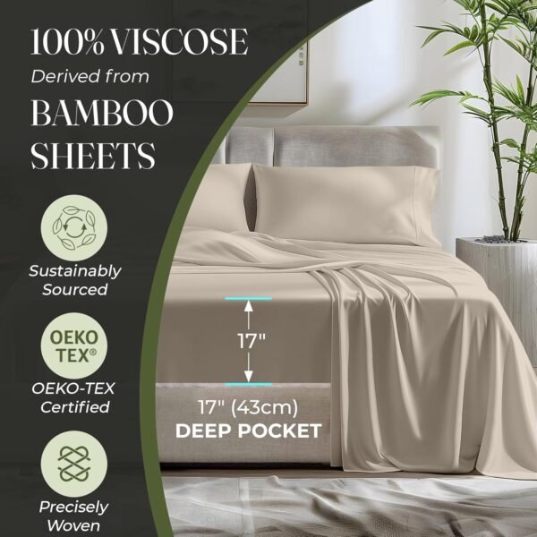 DECOLURE 100% Organic Viscose Derived from Bamboo Sheets King Size 6pcs - Ultra Soft & Luxuriously Cooling, 17" Deep Pocket, Double Stitching, Perfect for Hot Sleepers - King Bed Sheets (Taupe) - Image 4