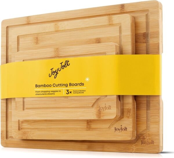 JoyJolt Bamboo Cutting Board Set, Wooden Cutting Boards for Kitchen. Large and Small Wooden Cutting Board Set; Serving Cheese Board, Bread Board or Chopping Board Set. Non Slip Wood Cutting Board Set