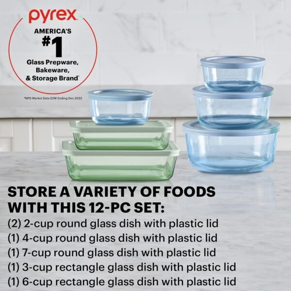 Pyrex Colors (6-Pack, Full Set) Tinted Glass Food Storage Container Set, Snug Fit Non-Toxic Plastic BPA-Free Lids, Freezer Dishwasher Microwave Safe, 3 Cup, 6 Cup & 11 - Image 2