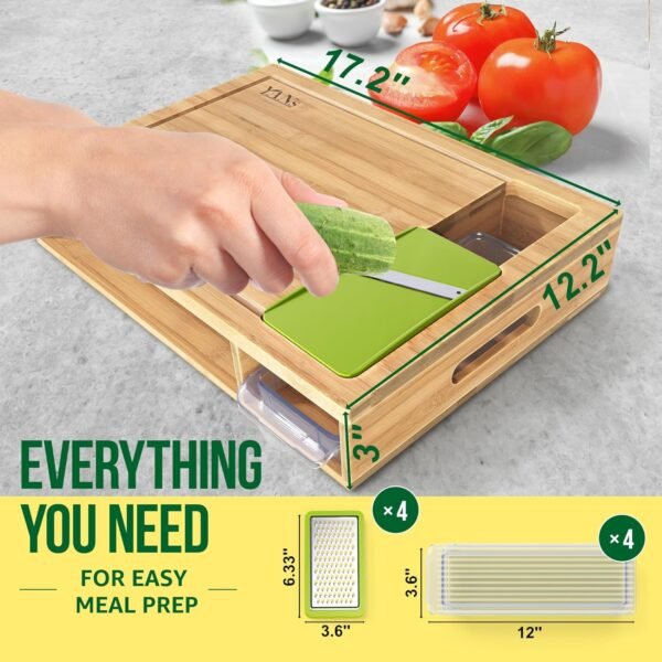 YANs Bamboo Cutting Board with Containers for Easy Meal Prep - Chopping Board Set -Extra Large Space Saving Cutting Board Set with Juice Groove to Keep Your Kitchen Tidy - Image 2
