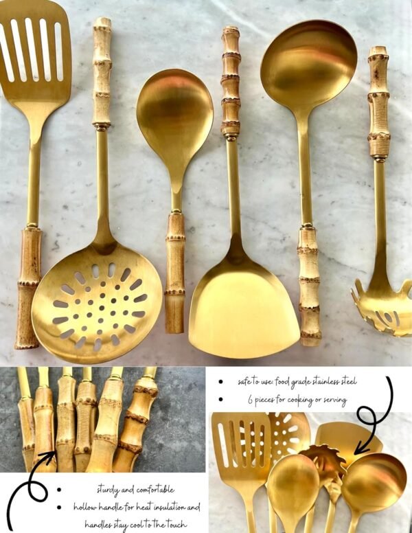 Bamboo Stainless Steel Cooking Tools Utensils Stainless - Brass/Gold Cooking and Serving Utensils - Gold Kitchen Utensils - Bamboo Wood Handled Gold Kitchen Utensils For Gold Kitchen - Image 3