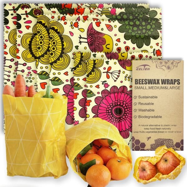 Beeswax Reusable Food Wraps - (6 Packs, 3 Sizes S,M,L, with 1 Meter Hemp Rope, Two Buttons) Plastic and Silicone Free, Eco-friendly Wrap, Wax Paper for Food,Flower Bee & Bird