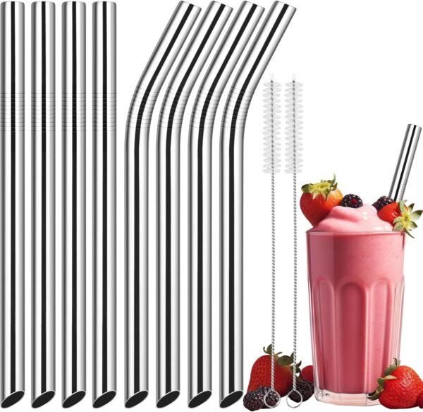 NiHome 8-Pack Stainless Steel Smoothie/Milkshake Straws, 0.5'' Extra Wide Reusable Metal Straw, Straight & Bent Drinking Straws for Boba, Thick Beverages, Cold Drinks, 2 Brushes (Silver)